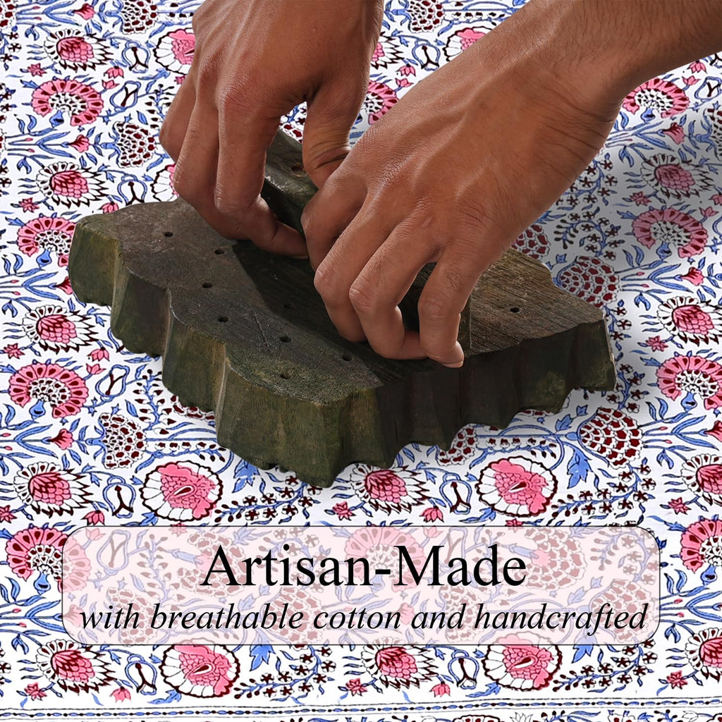Blue & Pink Hand Block Print Square Tablecloth 60x60 Inch