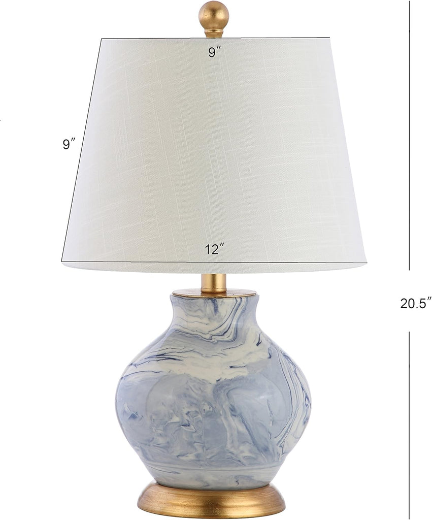 20.5" Blue/White Marbleized Ceramic Table Lamp, Contemporary Traditional Bedside Lamp, Gold Accents