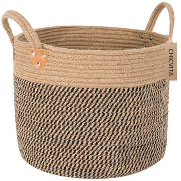 Wicker Storage Basket with Leather Handles, 14" x 12", Black