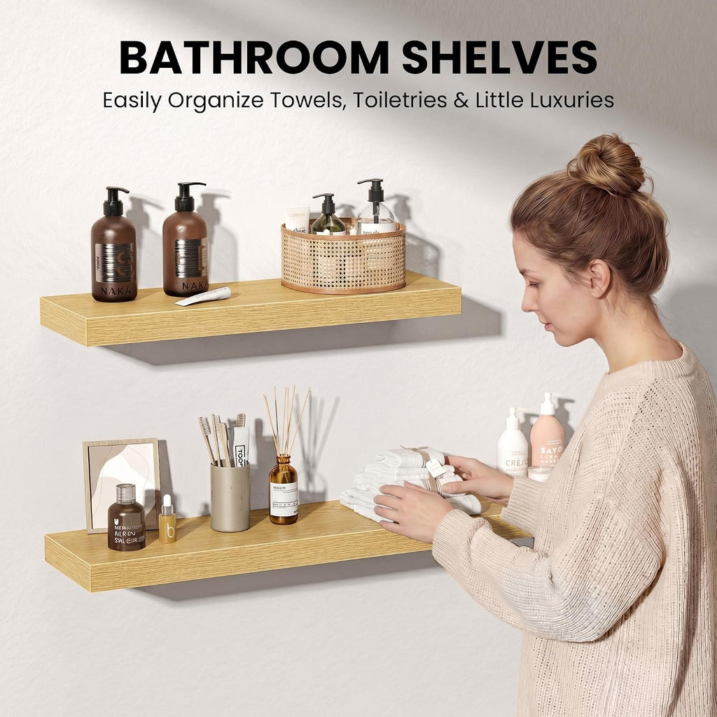 30" Floating Shelves for Wall, Set of 3, 8" Deep, 1.5" Thick, Oak Finish | Rustic Wood Wall Shelves with Invisible