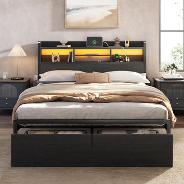 Full Bed Frame with Wood Headboard, Metal Platform Bed Frame Full with 2 Storage Drawers and Shelf