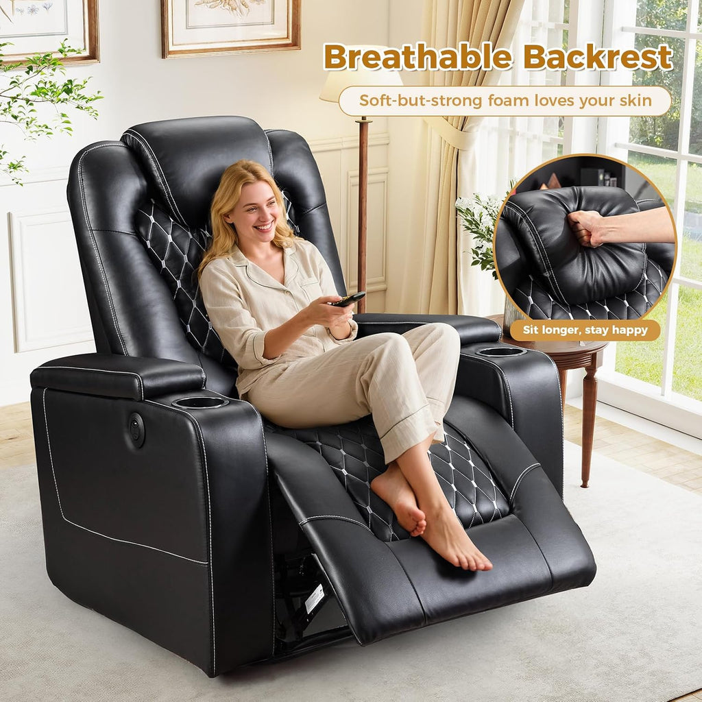Power Recliner Chair with USB Ports and Cup Holders - Overstuffed Electric Home Theater Seating PU Leather Reclining