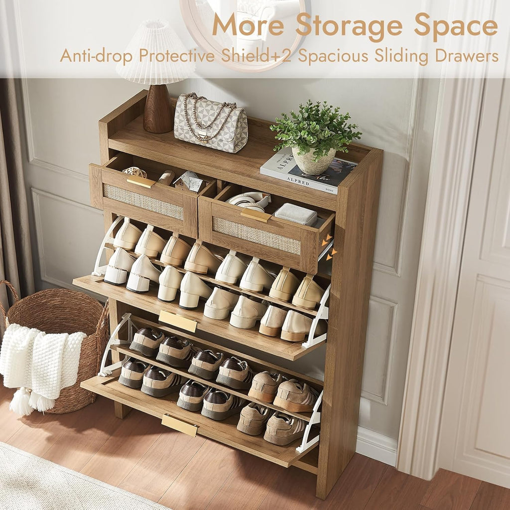 Rattan Shoe Storage Cabinet with 2 Drawers & 2 Flip Drawers - Hidden Slim Shoe Organizer , Large Tabletop Space
