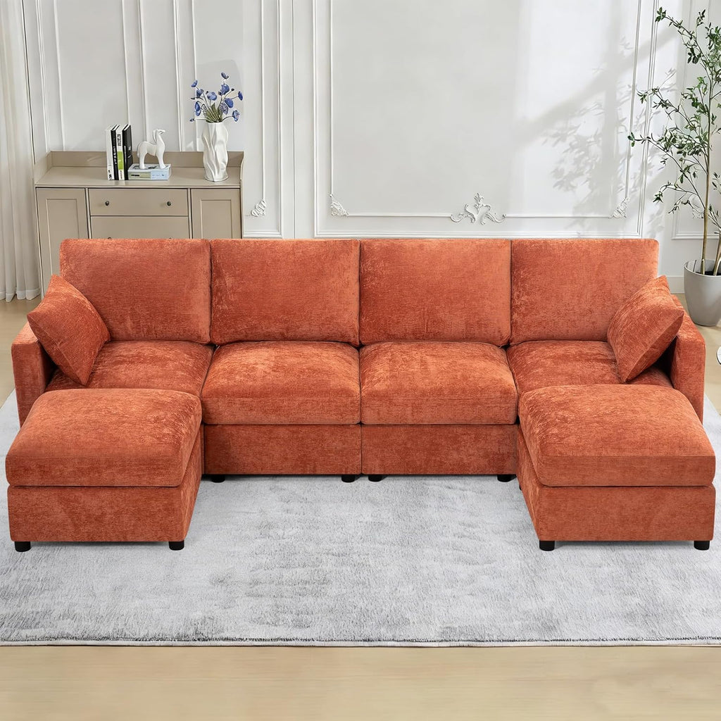 110” Chenille 4 Seater Sofa W/Movable Ottomans, Modern Fabric U-Shaped Couch w/Soft Backrests