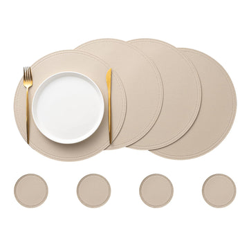 Set of 4 Faux Leather Round Placemats and Coasters, Coffee Mats Kitchen Table Mats, Waterproof, Easy to Clean Dining