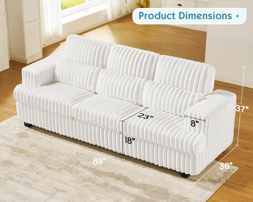 89 Inch Sofa, Modern Couch with Deep Seats, Comfy Sofa with 3 Throw Pillows, Upholstered Couch for Living Room