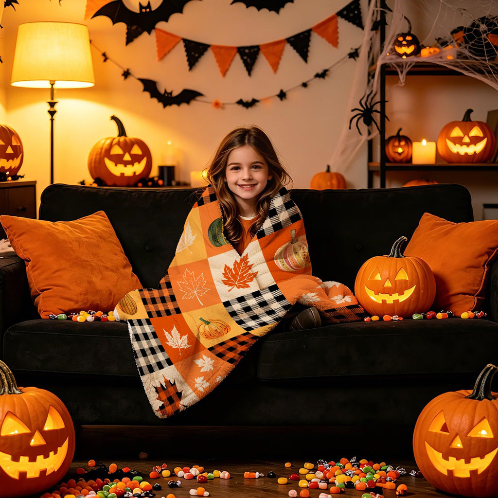 Fall Pumpkin Buffalo Plaid Throw Blanket, 60"x70" Autumn Maple Leaf Patchwork Soft Fleece Blanket for Sofa Couch Home