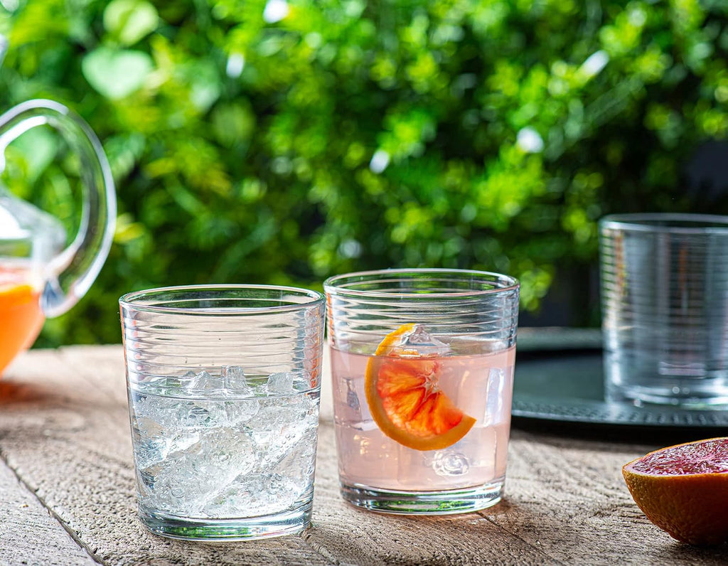 Set of 16 Heavy Base Ribbed Durable Drinking Glasses Includes 8 Cooler Glasses (17oz) and 8 Rocks Glasses (13oz)