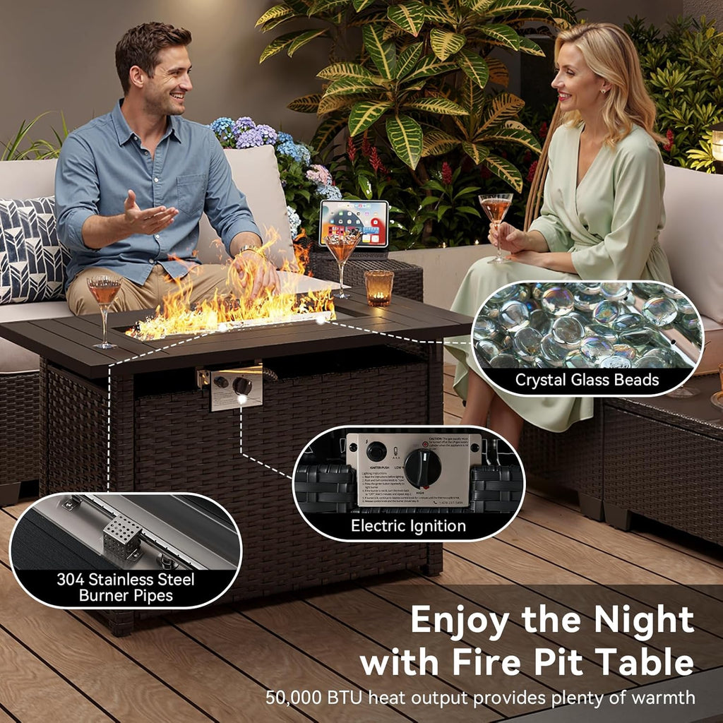 Outdoor Patio Furniture Set with 44'' Fire Pit Table, 7 Pcs Outdoor Sectional with 4in Thicken Cushion, Widen