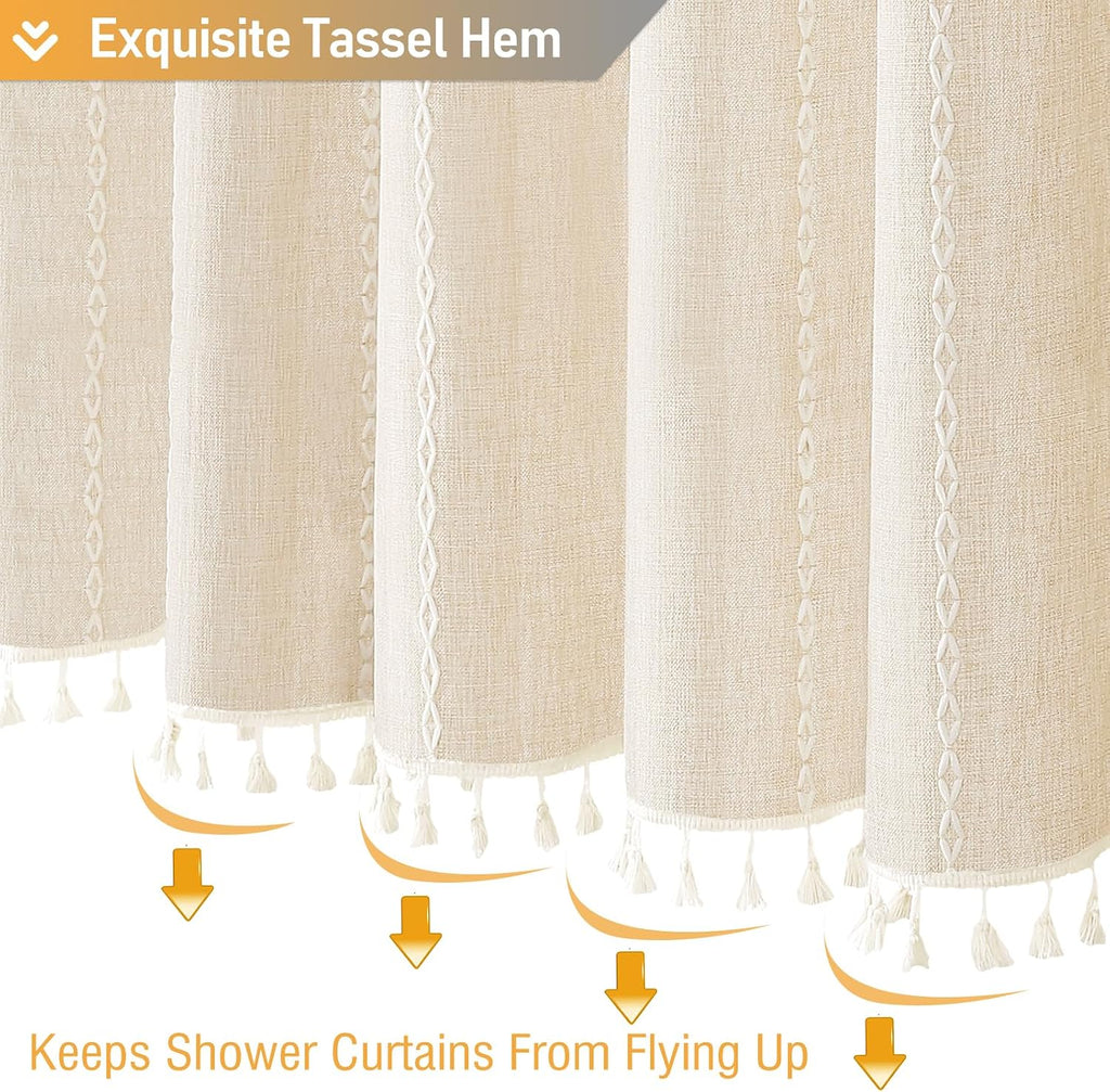 Boho Farmhouse Shower Curtain, Linen Rustic Weighted Striped Cloth Shower Curtain Set with Tassel, Water Repellent