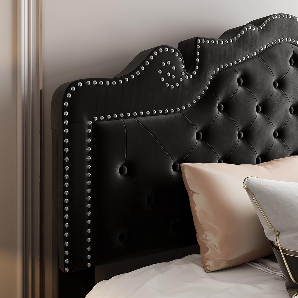 Full Bed Frame with Adjustable Velvet Tiara Headboard, Upholstered Diamond Button Tufted Platform Bed