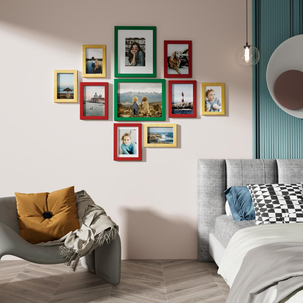 10 Pack Gallery Wall Frame Set, Green, Red, Gold