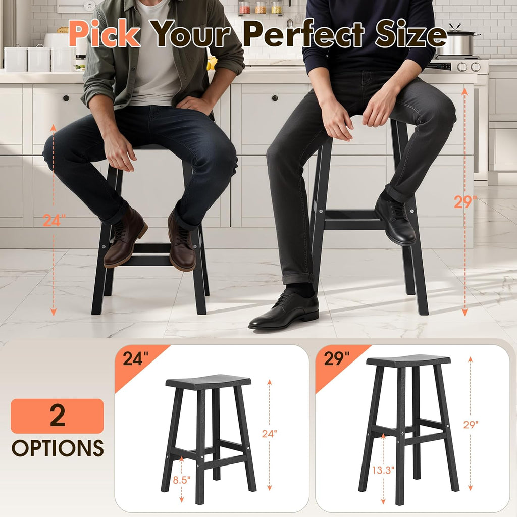 HDPE Weatherproof Bar Stools Set of 2-29 Inch Bar Height Stools with Curved Backrest, UV Resistant