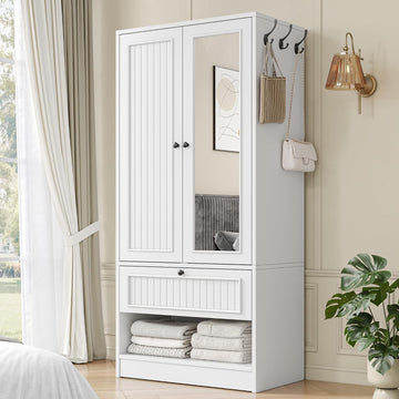 Armoire Wardrobe Cabinet with Mirror and Drawer, 70" 2-Door Wooden Closet Organizer Storage, White