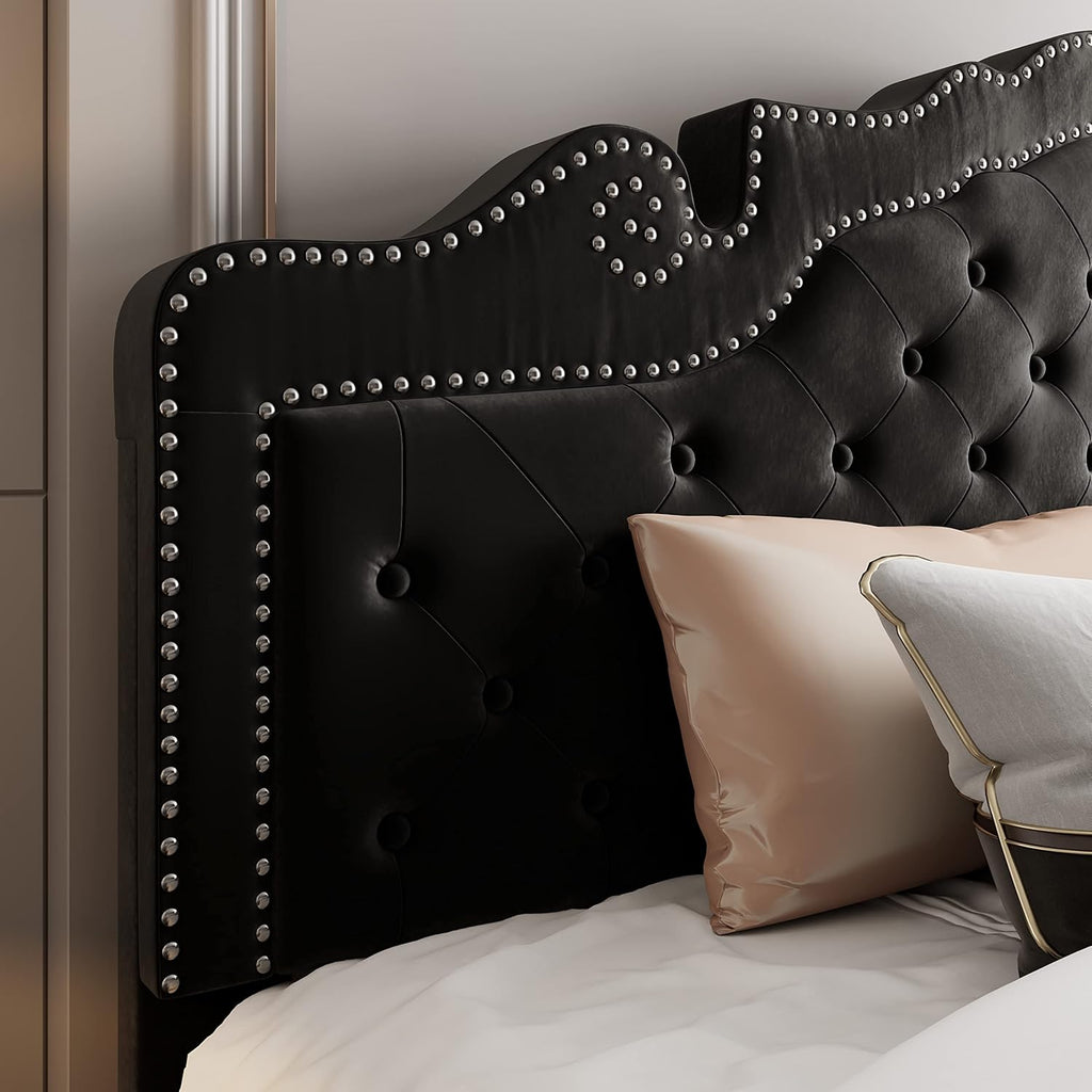 King Bed Frame with Adjustable Velvet Tiara Headboard, Upholstered Diamond Button Tufted Platform Bed