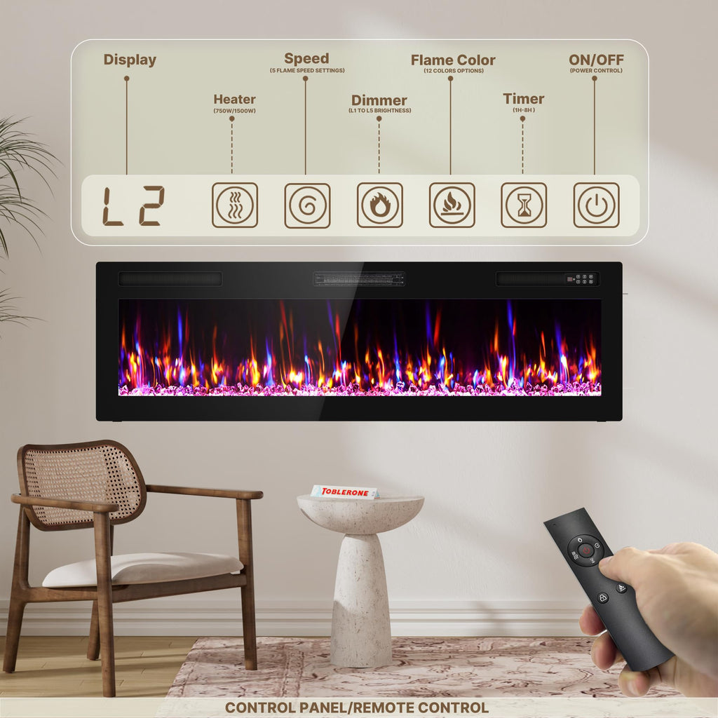 60" Ultra Thin Electric Fireplace Wall Mounted, Slim Fireplace Insert, Wall Fireplace /Bedroom w/Touch Screen, Remote