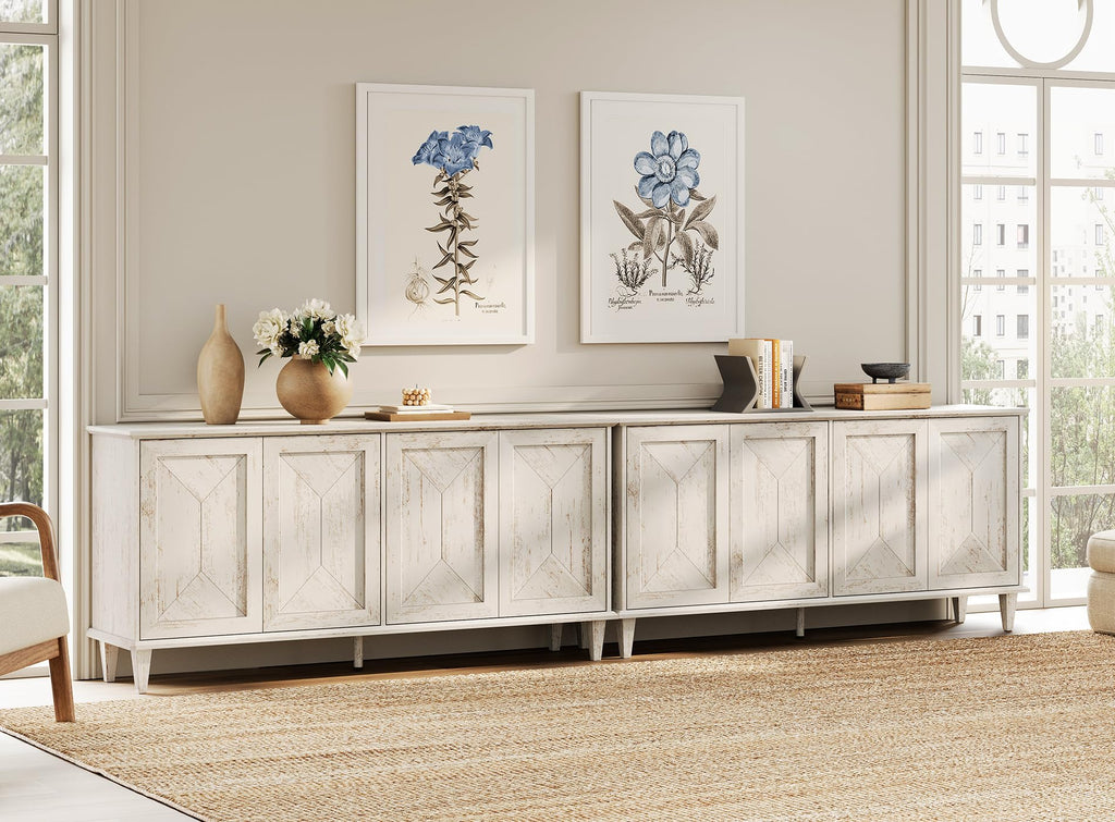 130-inch Handcrafted Patchwork Decorative Buffet Cabinet with Pop-Up Design Doors, 2-in-1 Large Modern Farmhouse