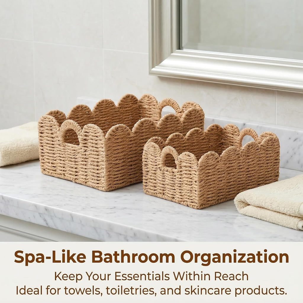 Scalloped Wicker Baskets Set of 3, Hand-Woven Storage with Handles | A set of 3 tan scalloped baskets with handles.
