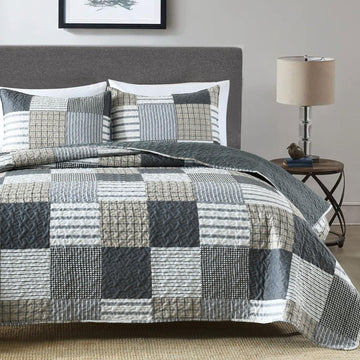 3-Piece Quilt Set, Lightweight Soft Quilt Gray Patchwork Farmhouse Bedspread Coverlet 90x90 inches