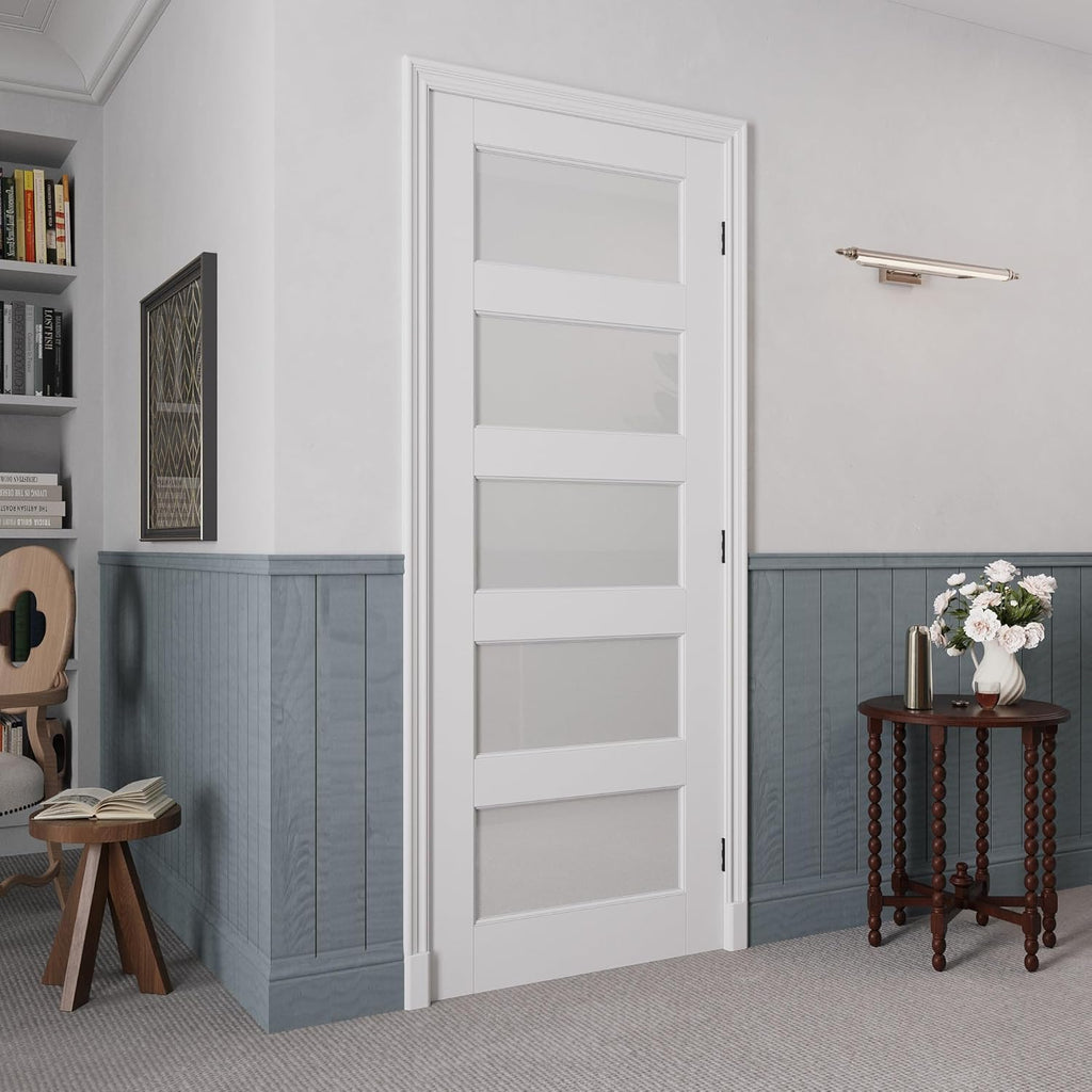 32" x 80" Prehung Door Interior, 5-Panel Tempered Frosted Glass Solid Core Door Slab with Easy Assembly Jamb Kit, Black Hinges, Left Hand Inswing, Paintable Prefinished Surface