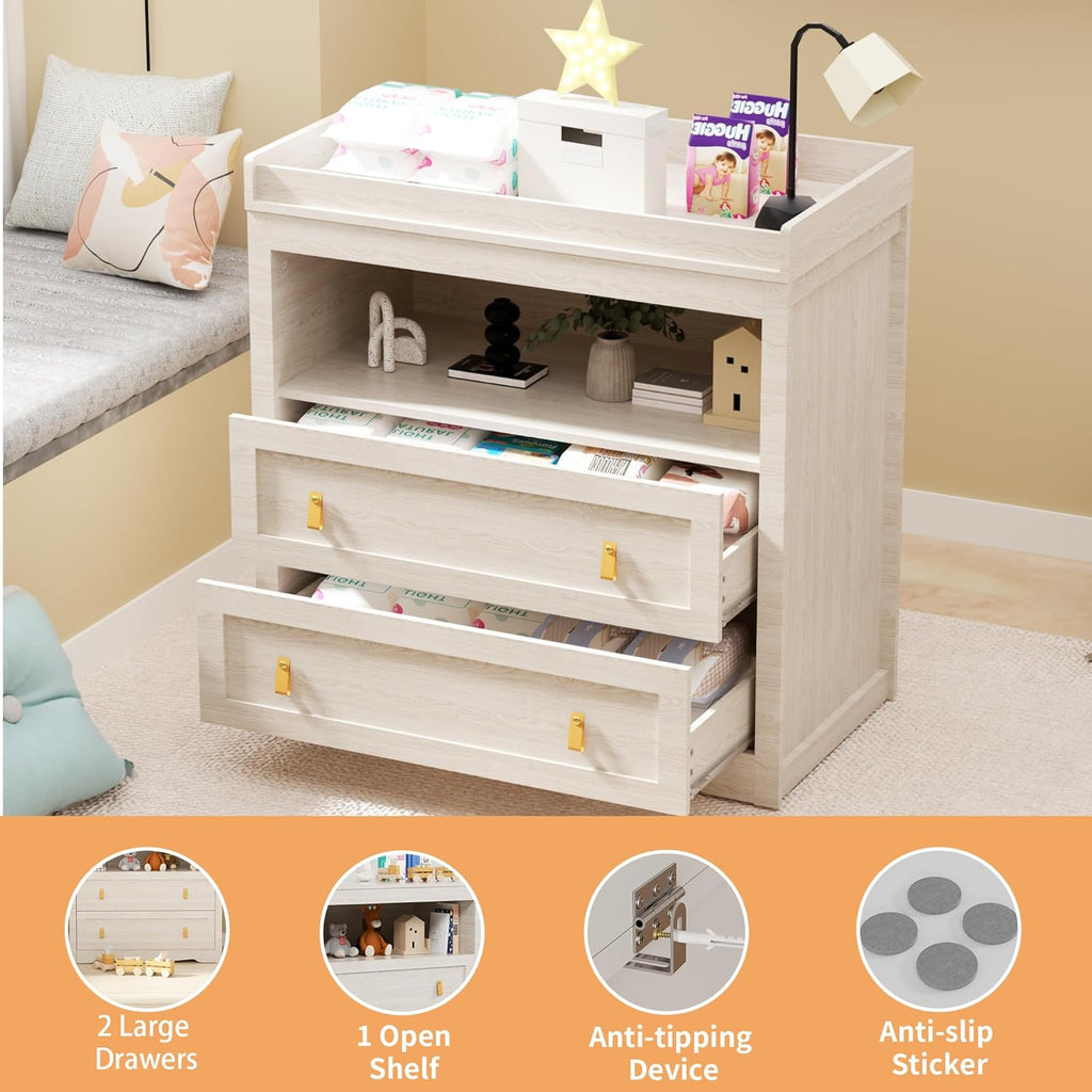 Baby Dresser 35.4"Diaper Changing Station with Changing Table Top Beige