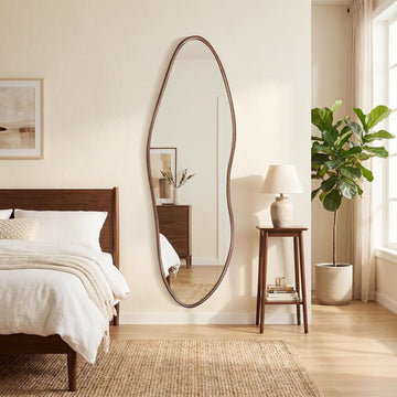Irregular Full Length Mirror 64"X21", Cloud-Shaped Design with Rounded Oak Hardwood Frame in Black Walnut, Asymmetrical