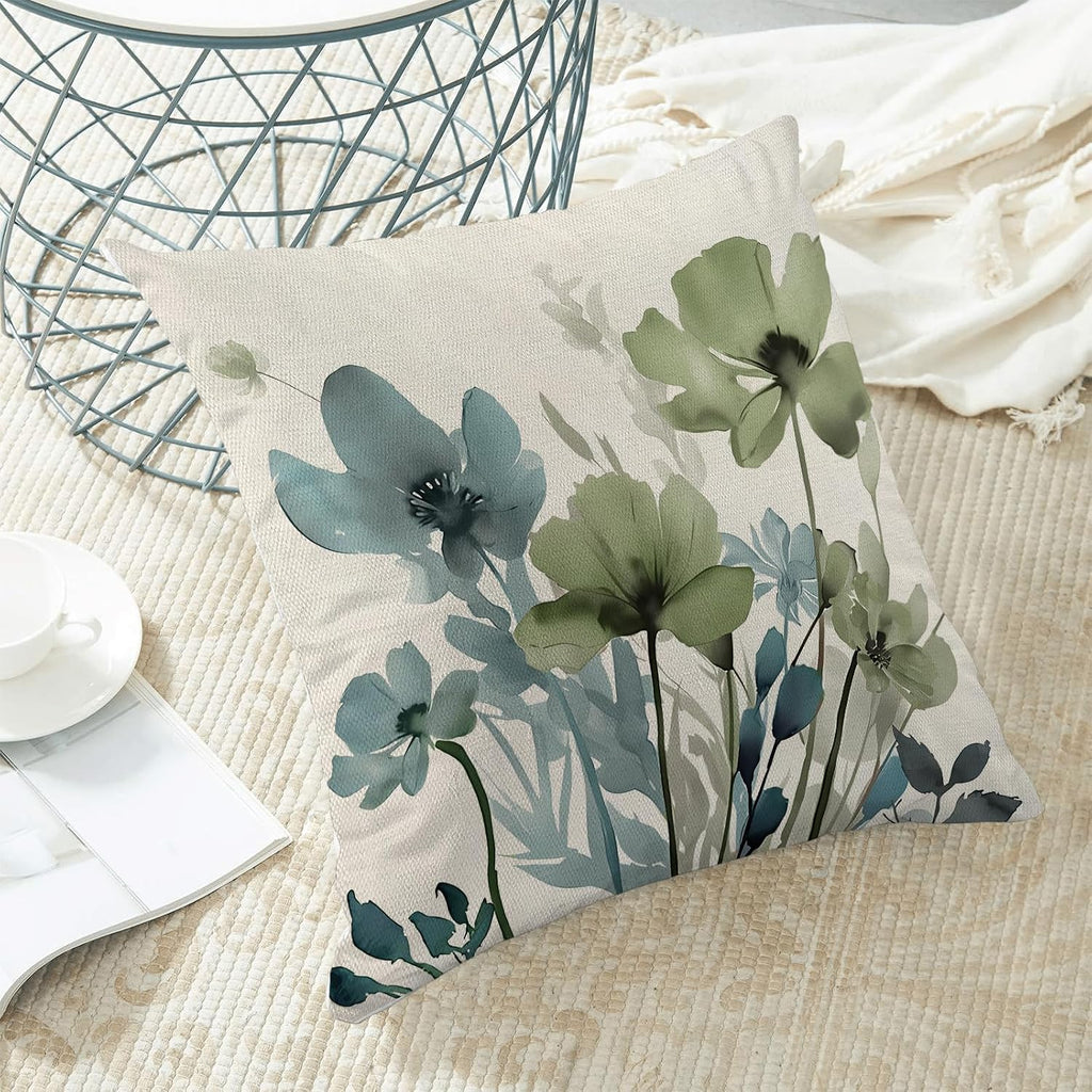 Spring Floral Pillow Covers 18x18 Inches Set of 2 Sage Green Blue Floral Throw Pillow Covers Outdoor Rustic Summer
