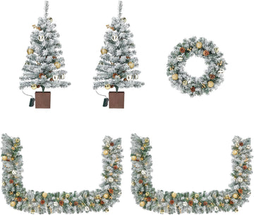 Pre-lit Holiday Christmas 4-Piece Set, Christmas Garland, Wreath and Set of 2 Entrance Trees with Remote Control