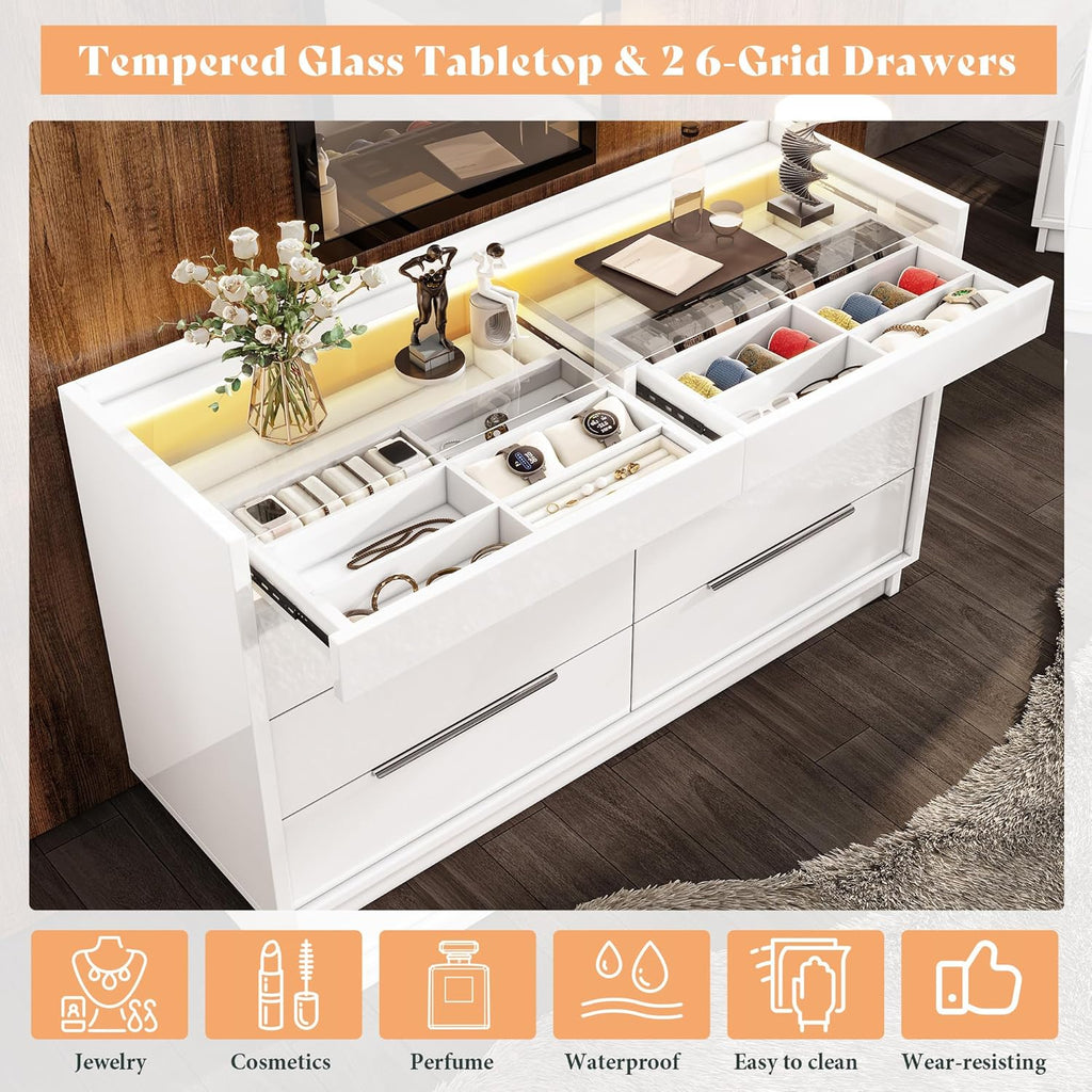 47.2" W 8-Drawer Dresser with Glass Top, High Gloss, White | Wide Dresser, 2 Jewelry Drawers, LED Lighting, Spacious