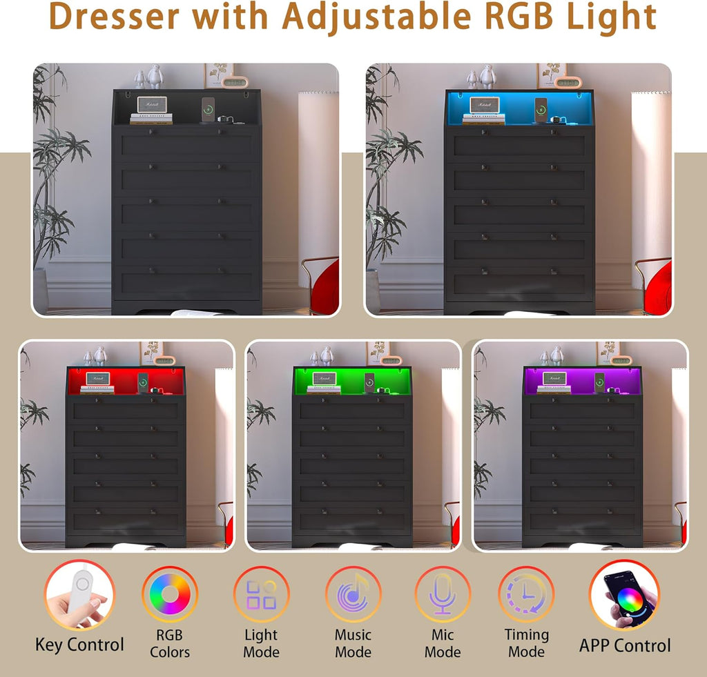 Black Dresser Tall 5 Drawer Dresser , Wood Chest of Drawers with LED Lights, Charging Station, Metal Handles, Modern