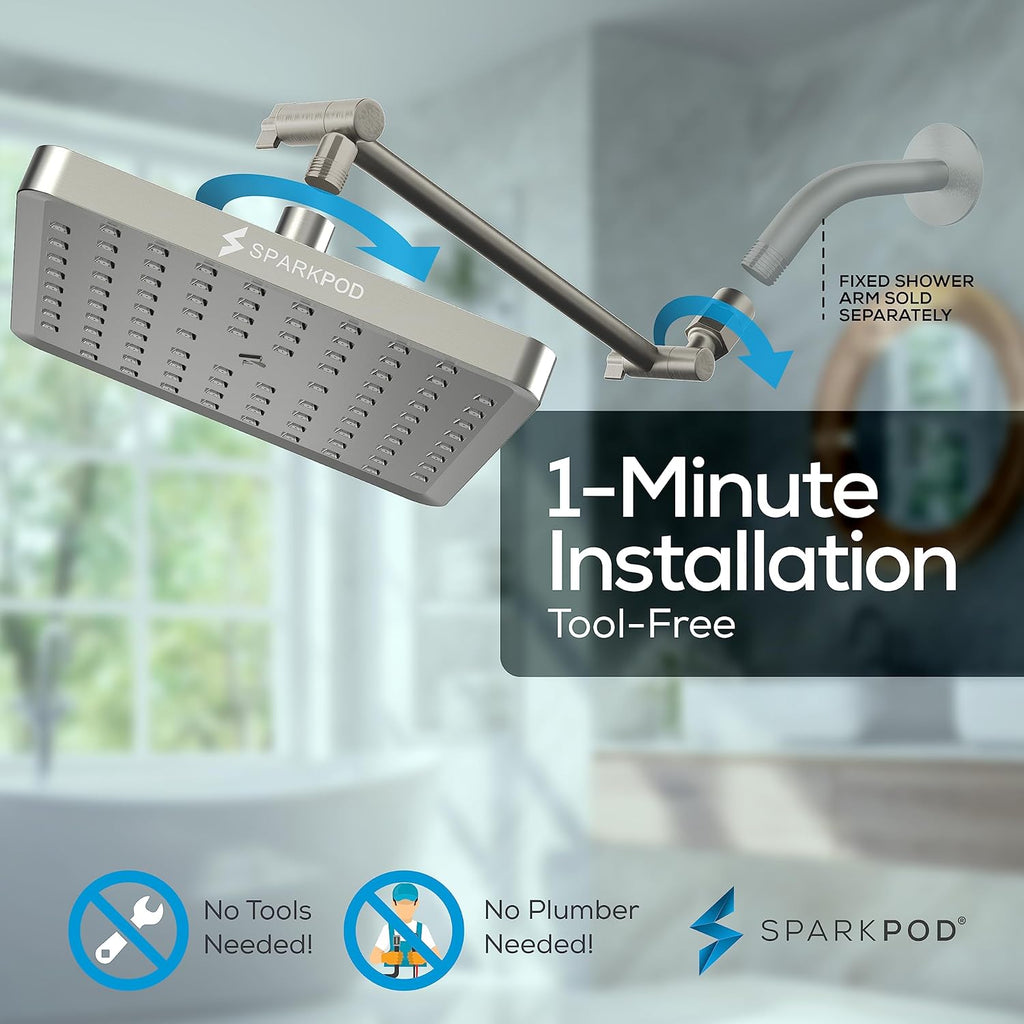 Square Rain Shower Head with Extension Arm - Height Adjustable Shower Head with High Pressure Performance