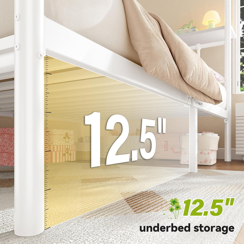 Twin Canopy Bed Frame with Storage Headboard,Noise-Free,White | 4 removable posts for dual-purpose style,Sturdy metal