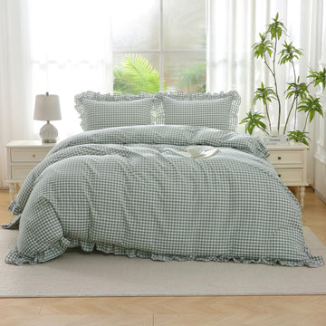 Dusty Green Gingham Ruffle Duvet Cover Set