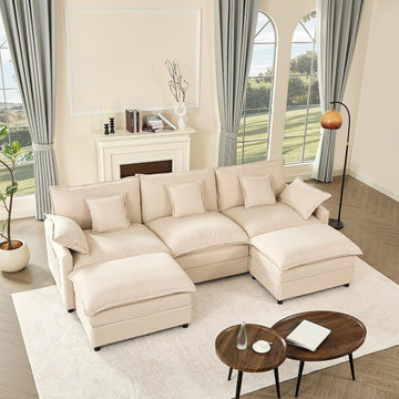 108" U-Shaped Modular Cloud Couch, Deep Seat, Linen Beige | Cloud Comfort, Couches , Removable & Machine-Washable