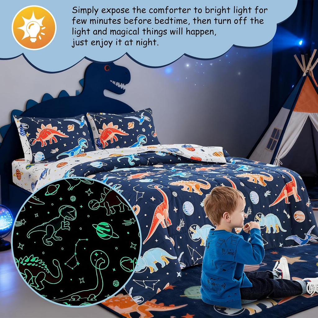 5pc Glow in The Dark Dinosaur Kids Queen Comforter Sets