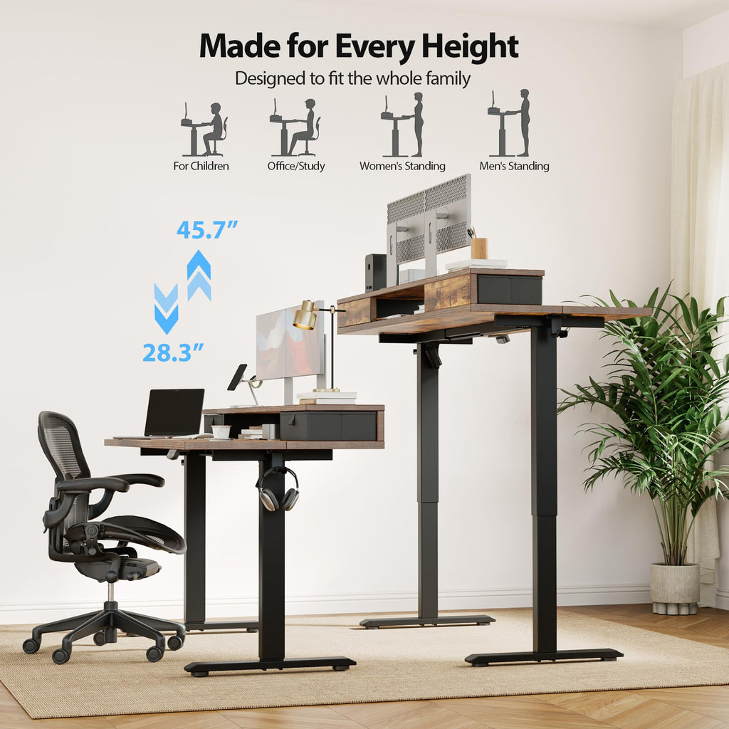 Electric Standing Desk with Drawers & Shelf, 48*24", Rustic Brown