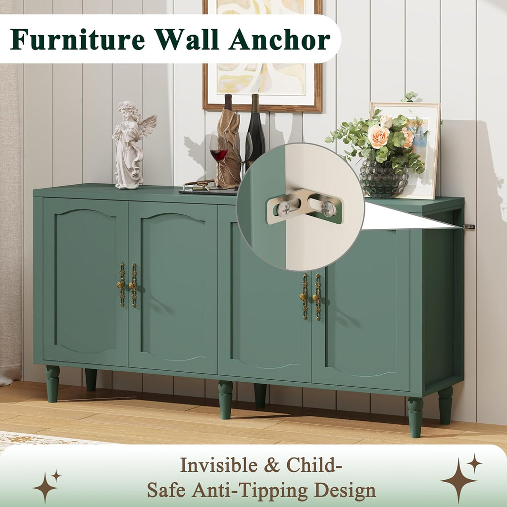 63" Sideboard Buffet Cabinet with Storage, Mid Century Modern Credenza with Adjustable Shelves & Carved Handle