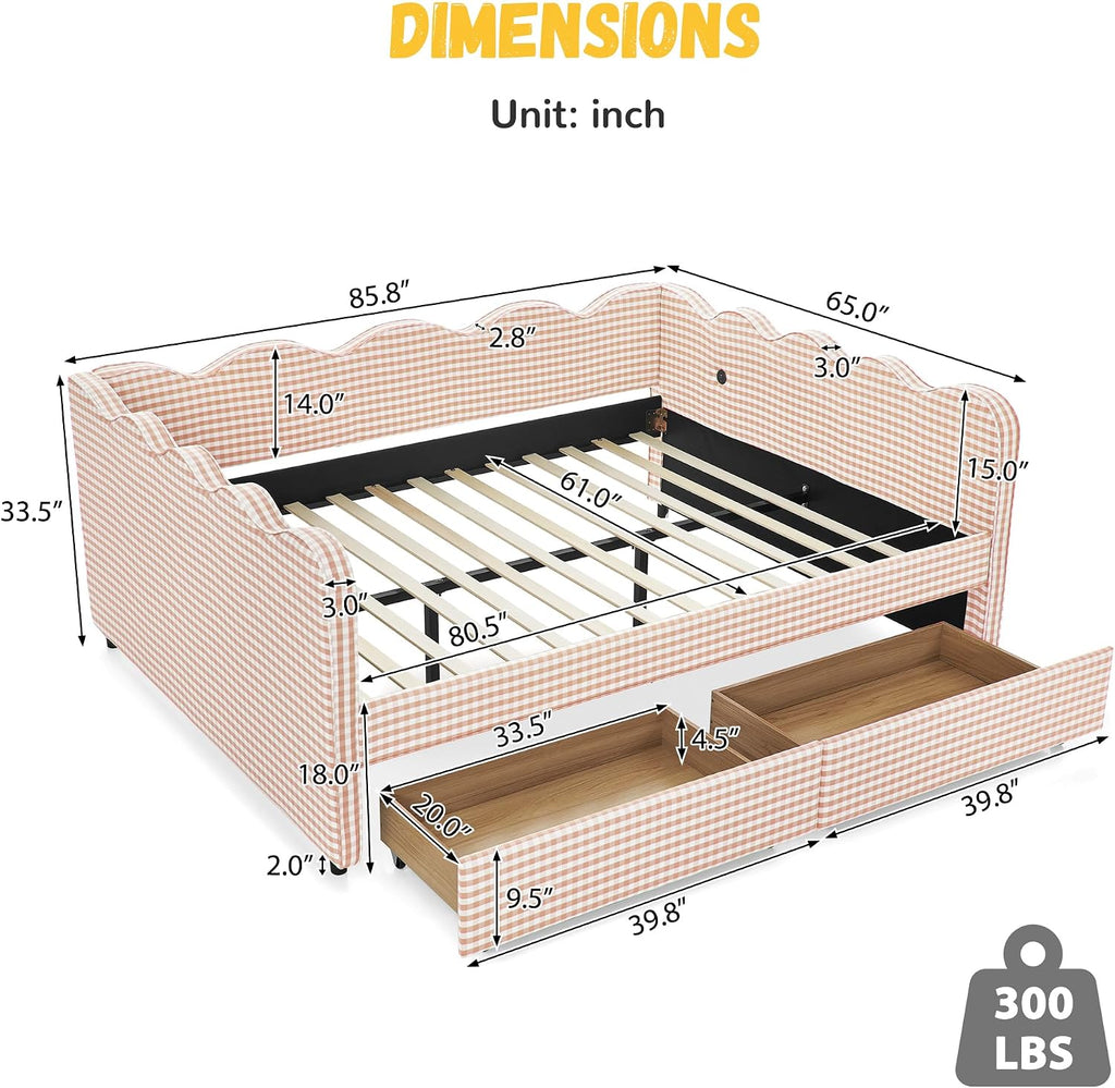 Queen Gingham Daybed with 2 Storage Drawers and USB Ports