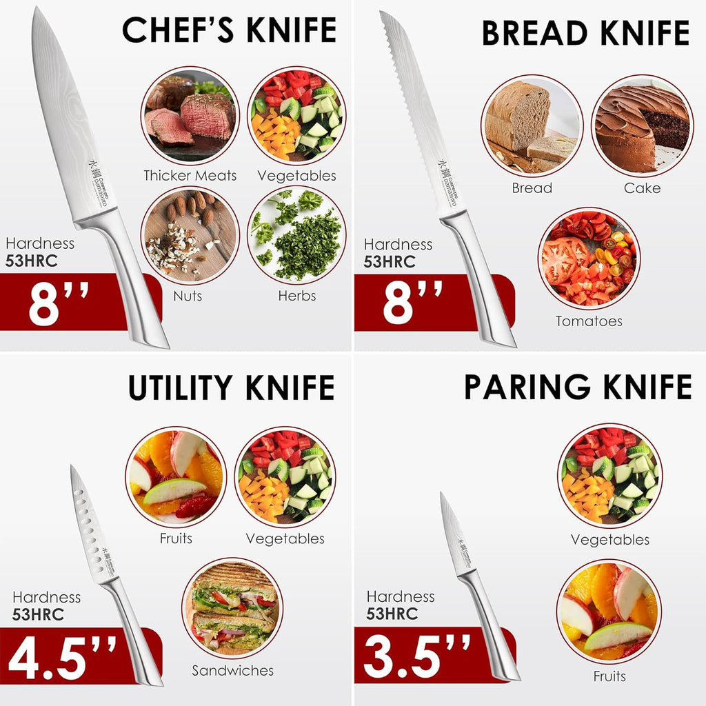 Damashiro Knife Block (Kumi, 7-Piece Chef Knife Set) - Japanese Steel Knife - Magnetic Knife Block- Damascus-Inspired