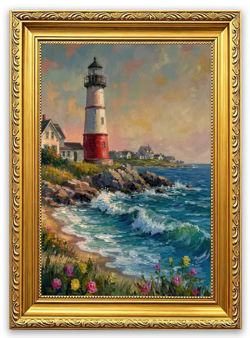Vintage Gold Framed Canvas Wall Art, Coastal Lighthouse Painting Picture Wall Decor, Ocean Seascape Poster Print