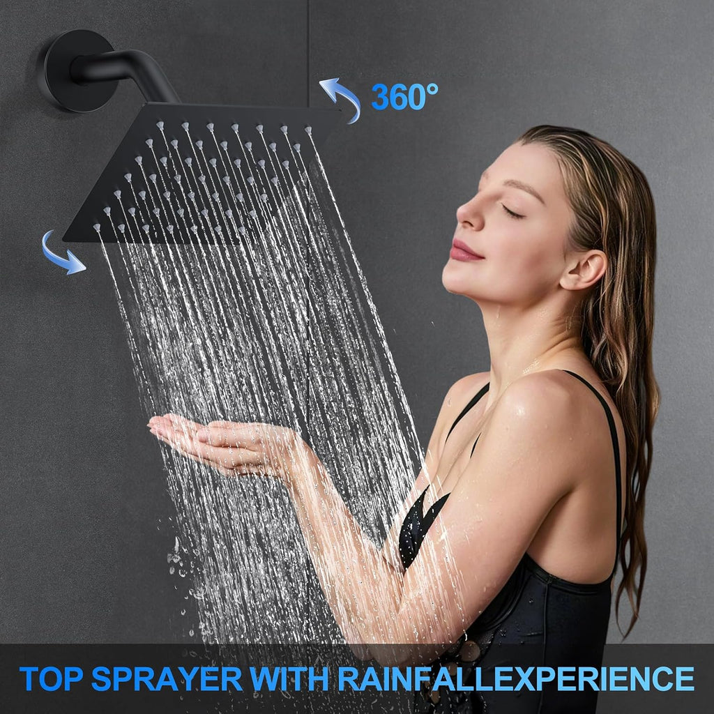 Shower Faucet Set, 12" Ceiling Mount Rainfall Shower System with 12'' Top Head+6'' Side Head and Multi-function