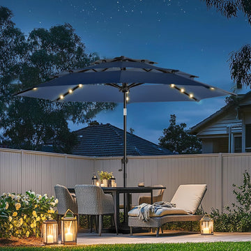 9FT 3Tiers Solar Led Patio Umbrella, Sturdy Outdoor Market Umbrella Pool, Garden w/Tilt, Crank, 32 LED Lights, Navy Blue