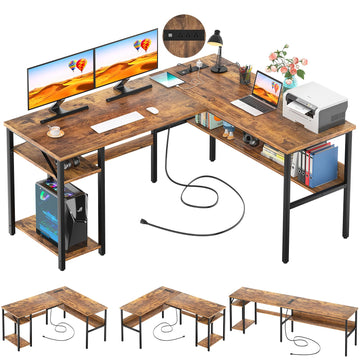 L Shaped Computer Desk with Magic Power Outlets and USB Charging Port, Sturdy Reversible Corner Desk with Storage