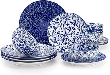 SELENE Plates and Bowls Set for 4, 12 Pieces Dinnerware Sets, Mircowave and Dishwasher Safe Dishes Set