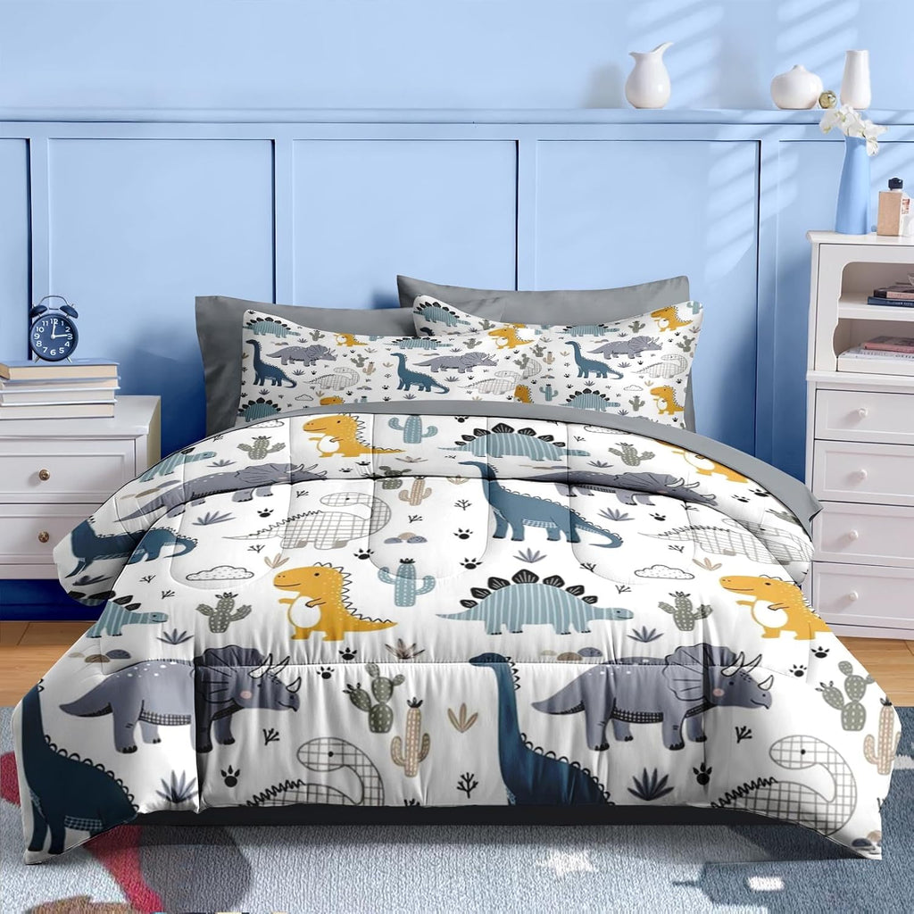 7 Pcs Comforter Set, Cute Dinosaur Dino Bedding for Kids Teen, Blue Yellow Dragon with Fitted Sheet 2
