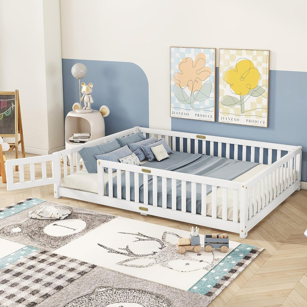 Full Size Montessori Floor Bed with Slats, Door and Guardrails, White | Low Profile Montessori Bed with Fence, Easy