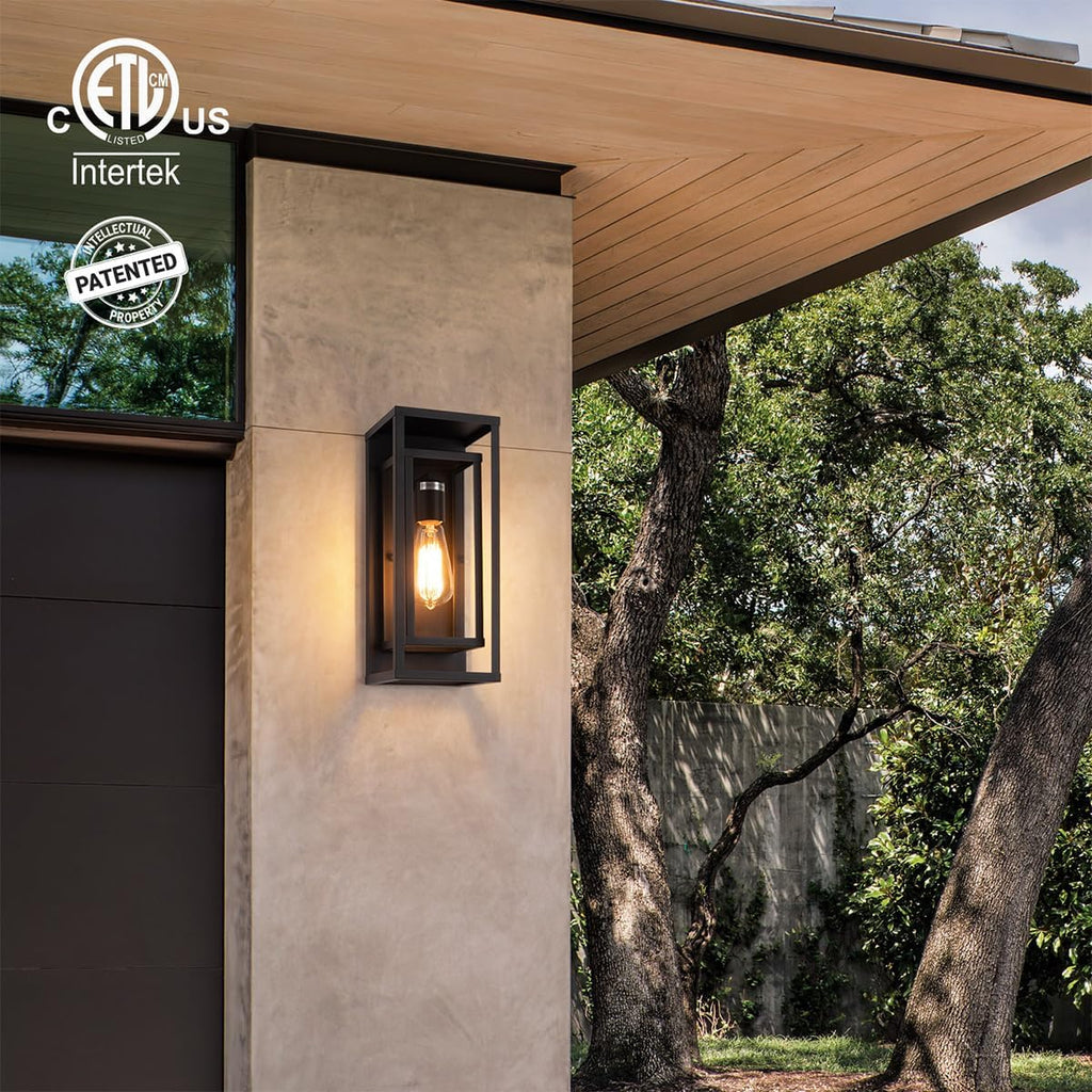 14" Classic Outdoor Wall Sconce 1 Light in Matte Black Rectangular Metal Frame and Clear Glass Shade Waterproof Porch