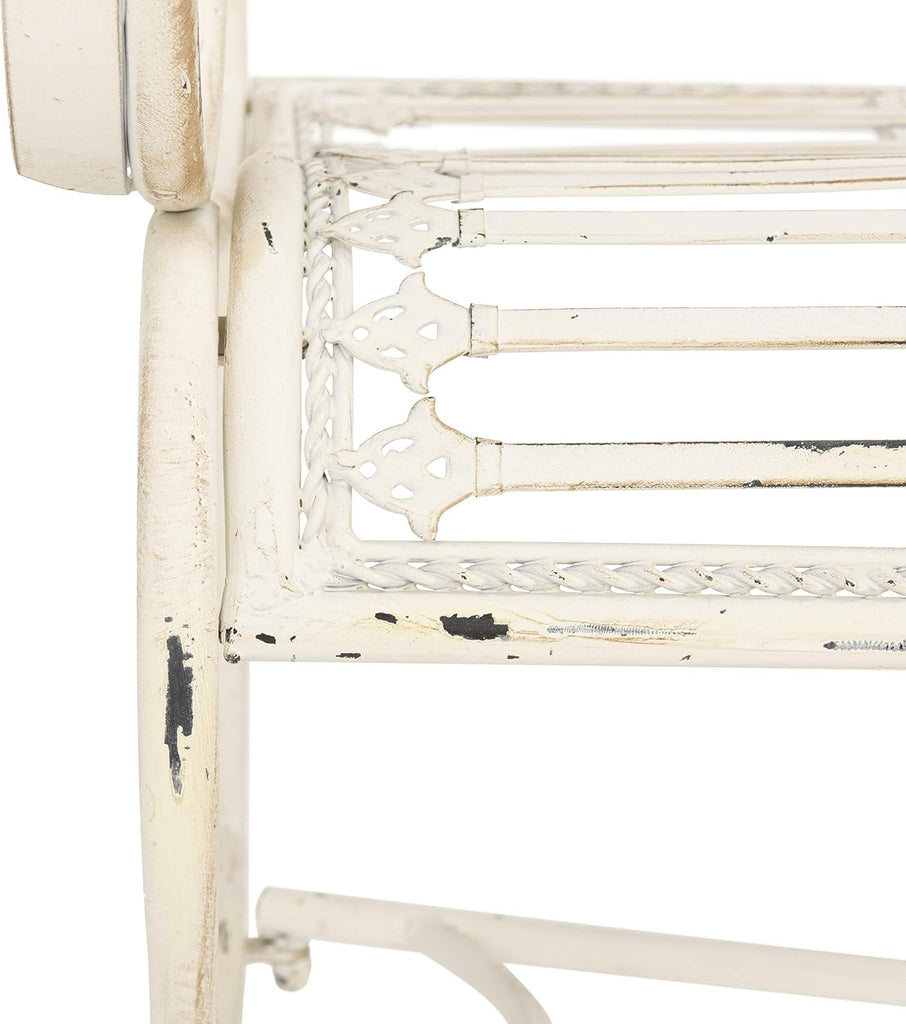 Outdoor - Abner Outdoor Iron Garden Bench - Antique White - Scrollwork Design - Ideal , Deck, Porch, Garden, 17" Seat