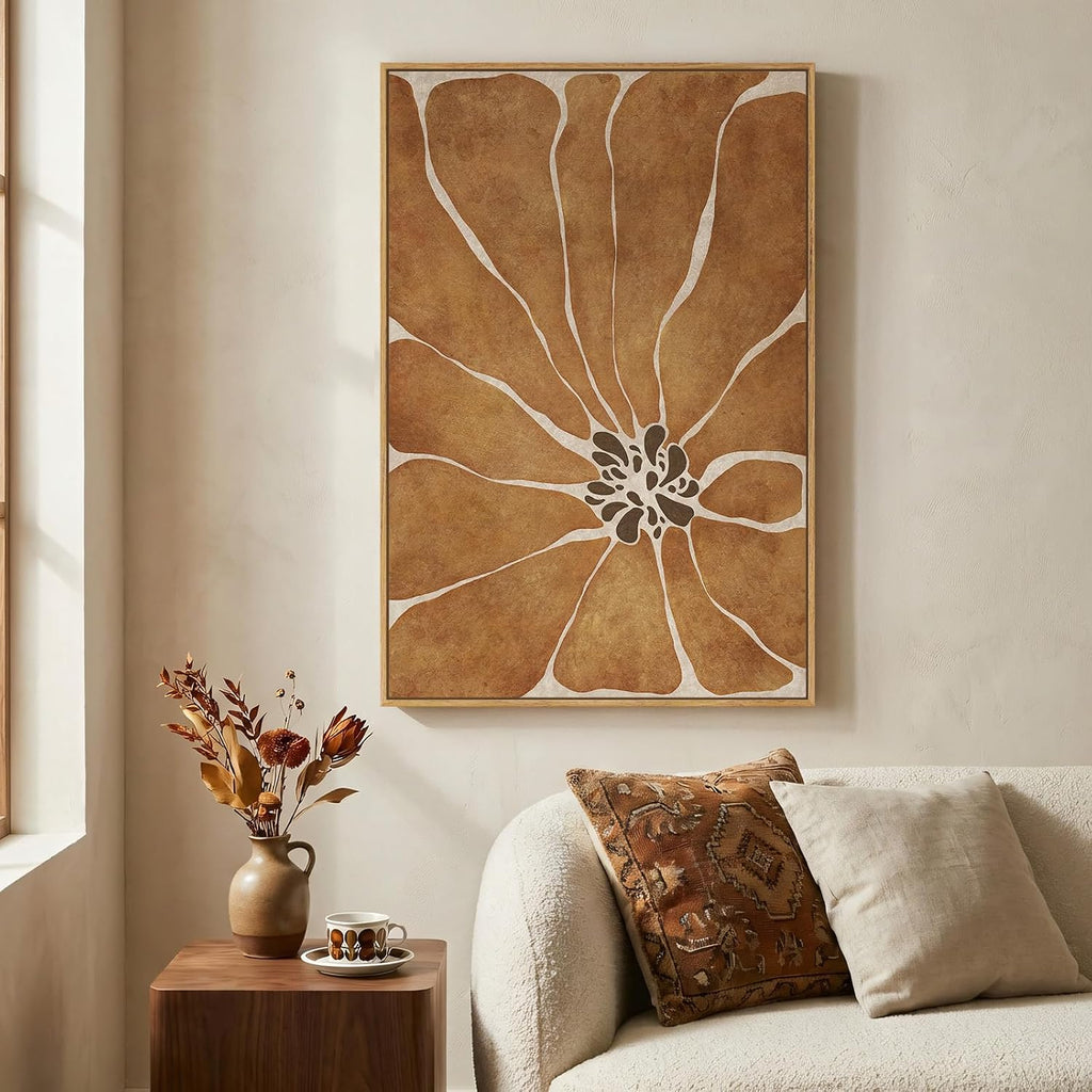 Framed Boho Abstract Neutral Floral Wall Art , Modern Minimalist Brown Flower Print Canvas Artwork for Walls