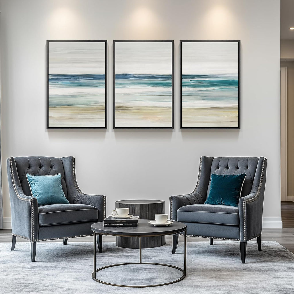 Framed Abstract Coastal Wall Art , Large Blue Coastal Landscape Decor, 3 Piece Minimalist Beach Ocean Painting